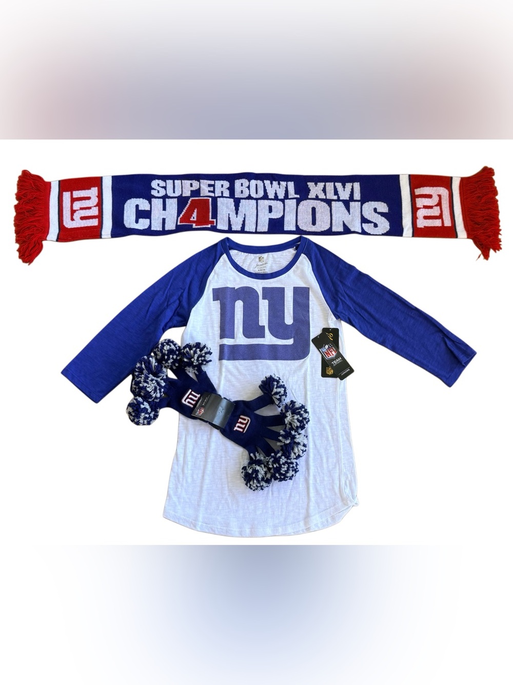 NY GIANTS 3pc BUNDLE! LONG SLEEVE T, POM POM GLOVES & SUPER BOWL SCARF! NEW!